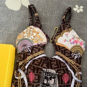 Fendi Brown Patterned Swimsuit with Gold and Pink Accents